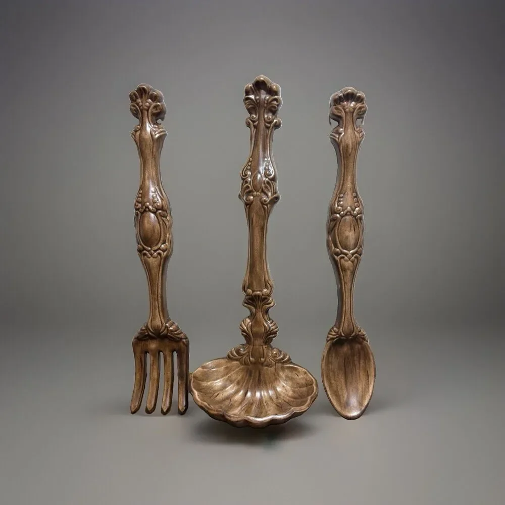 Vintage Ornate Large Spoon Fork Ladle Ceramic Wall Hang Kitchen Decor Set MCM 70